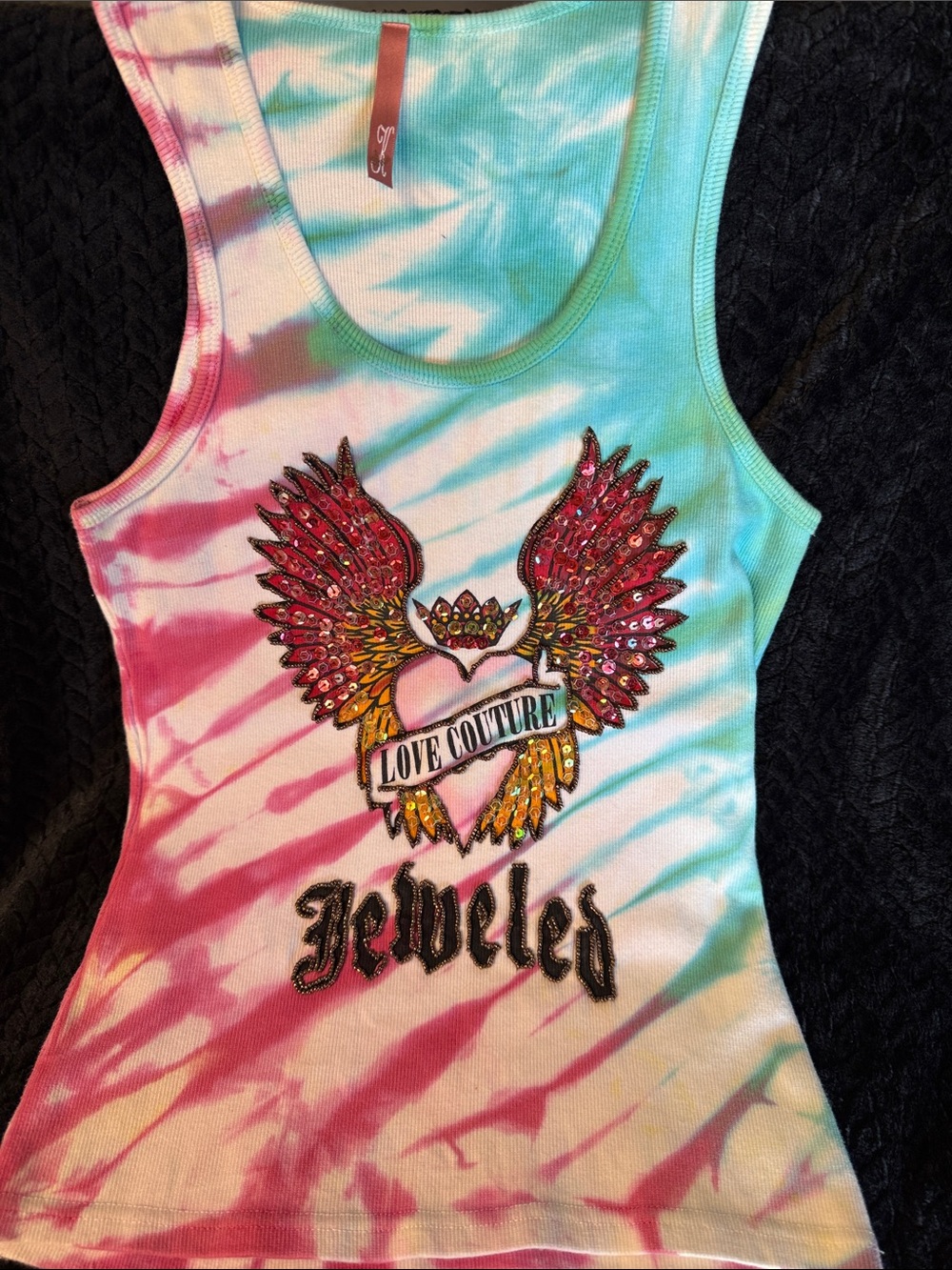 ANNA KAY Tie-Dye Tank Top with Jeweled Winged Heart - Pink, Teal, White